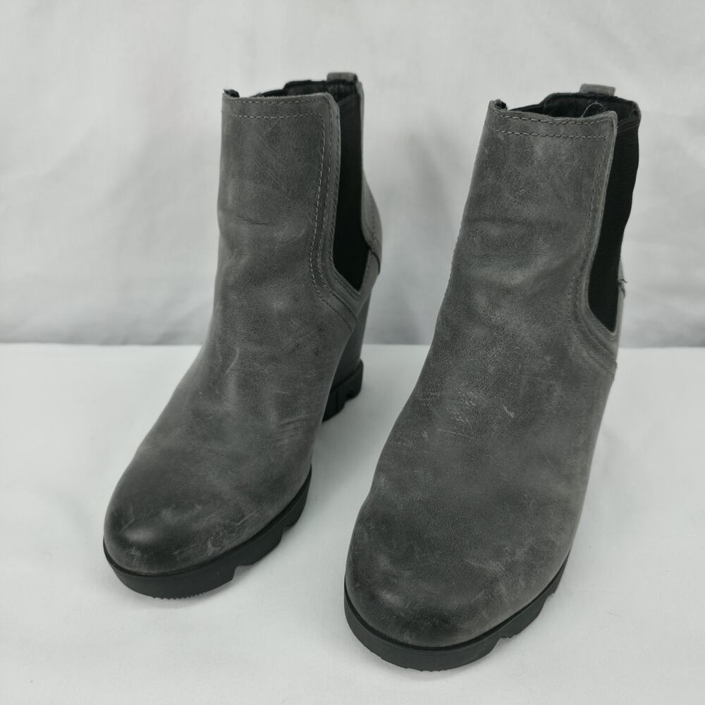 Sorel Joan Uptown Womens 6 Gray Leather Chelsea Wedge Ankle Boots Comfort Edgy